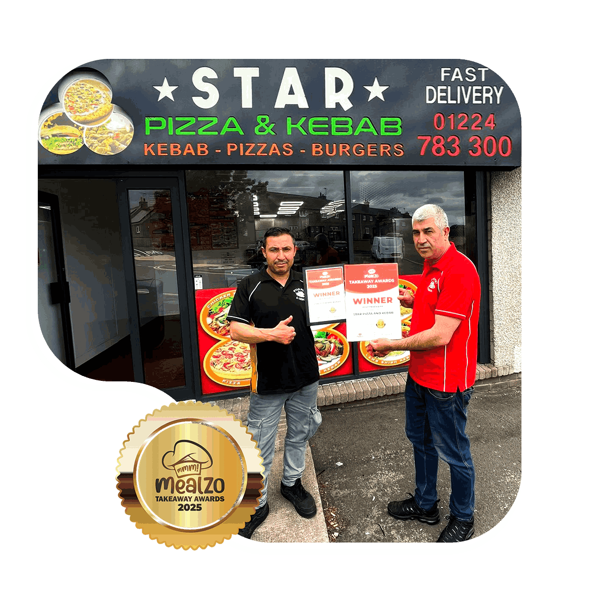 Star Pizza & Kebab team holding Mealzo Takeaway Awards winner certificates outside their shop in Portlethen, Aberdeen.